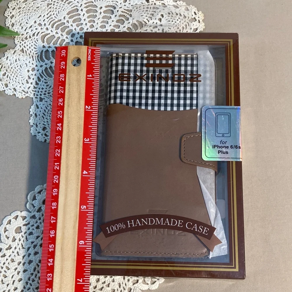 Handmade Leather iPhone 6/6s Plus Case Brown Black White Checkered Detail New